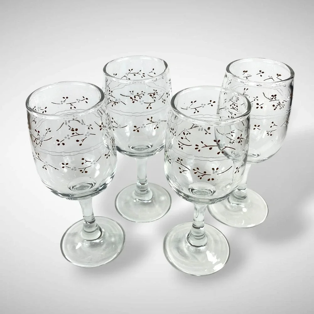 Anchor Hocking Country Accents Hawthorne Wine Glasses Set 4 Floral Goblets 1980s